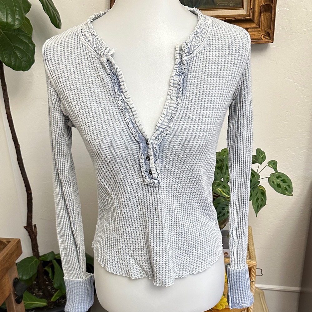 Elegant Light Blue Waffle Knit Long Sleeve Top free people